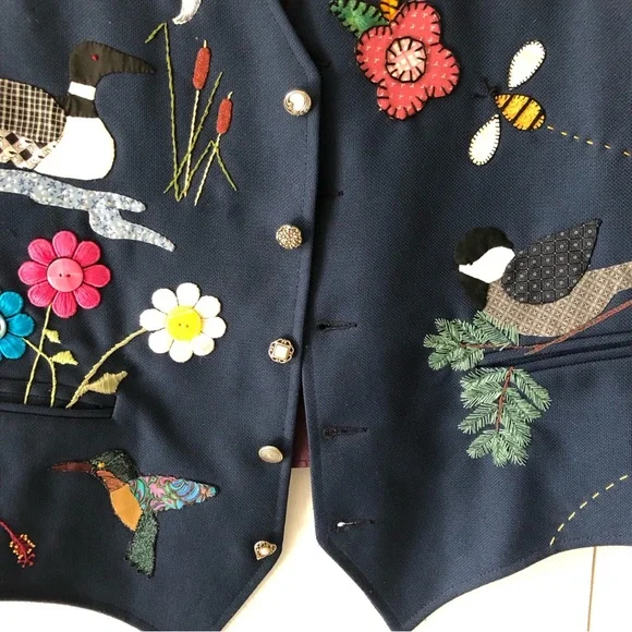 Vintage Handmade Funky Art Appliqué Embroidered Birds Flowers Unisex Vest - Picture 11 of 13